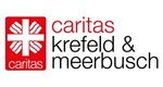 Logo der Caritas für Krefeld und Meerbusch. Kombination aus Bild - das rot-weiße Flammenkreuz der Caritas - und Textteil, 